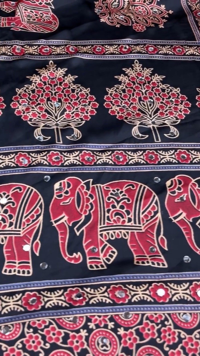 Black Elephant Motif Printed Cotton Suit Set with Mirror Work Accents - Image 3