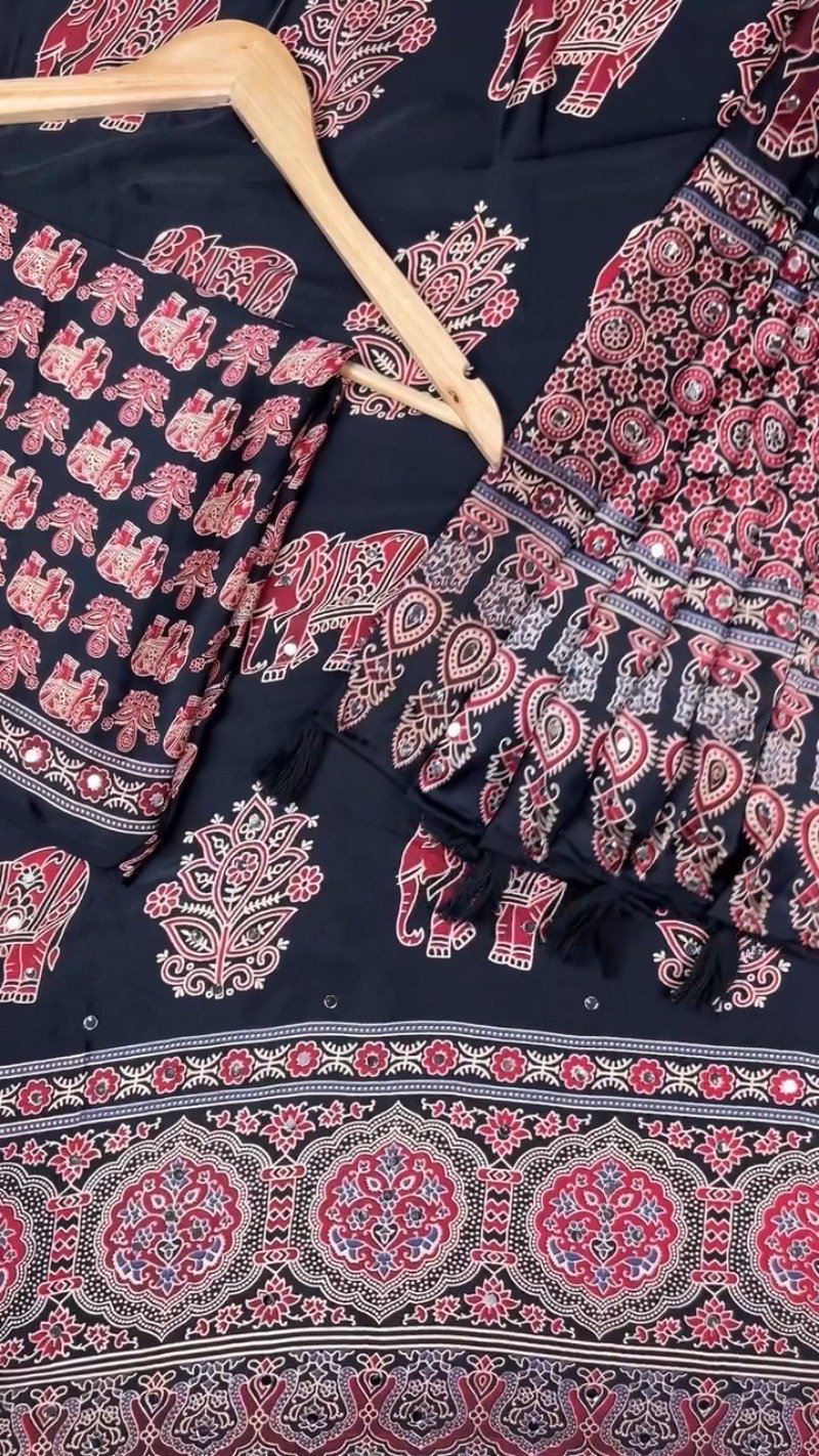 Black Elephant Motif Printed Cotton Suit Set with Mirror Work Accents - Image 4