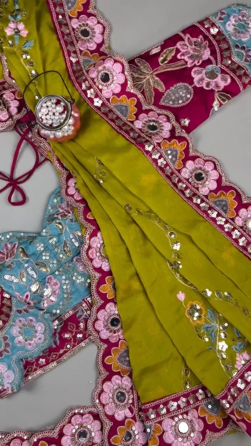 Olive & Fuchsia Embroidered Saree Ensemble – Available in Olive-Fuchsia & Blue-Fuchsia