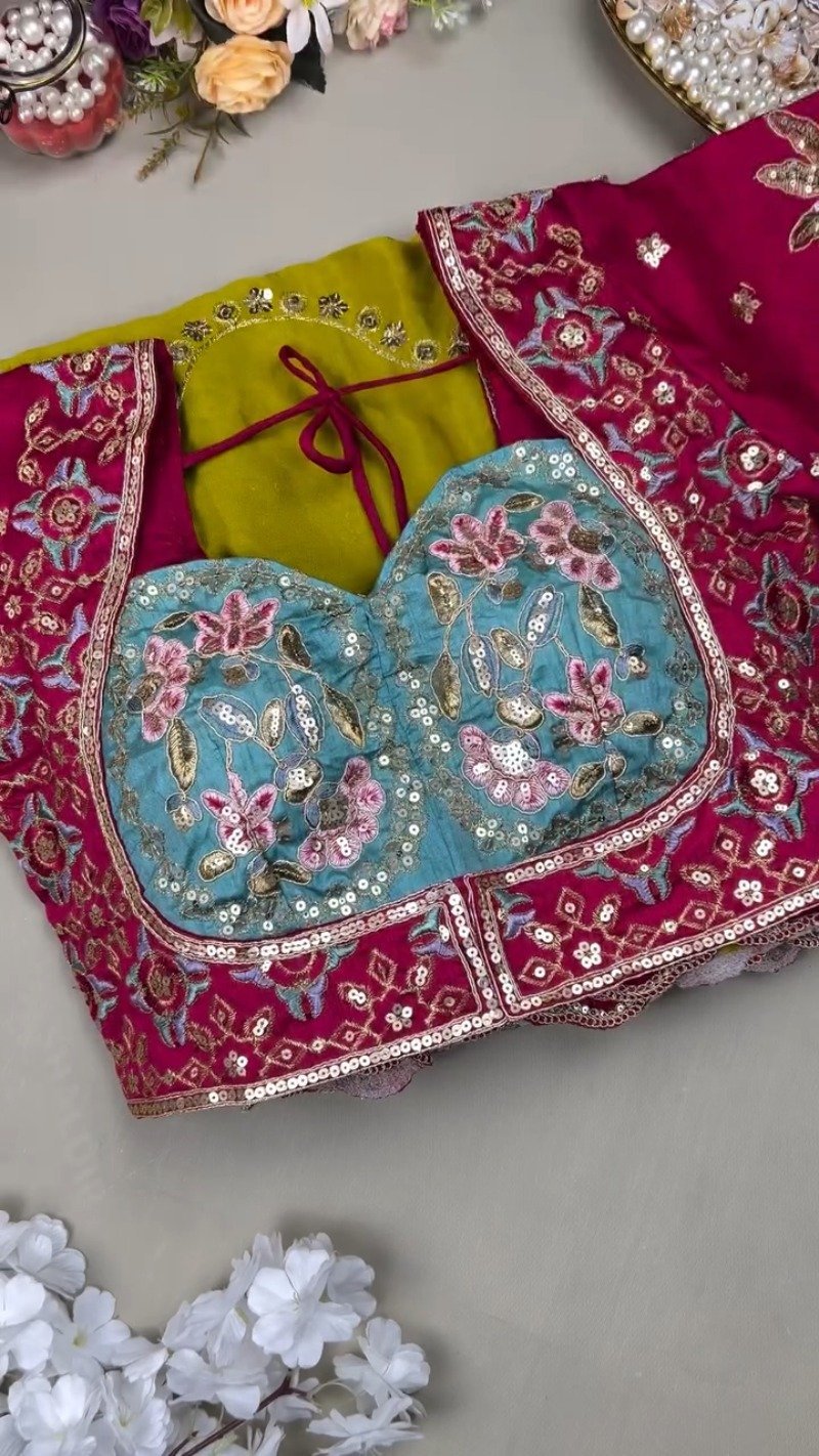 Olive & Fuchsia Embroidered Saree Ensemble – Available in Olive-Fuchsia & Blue-Fuchsia - Image 3