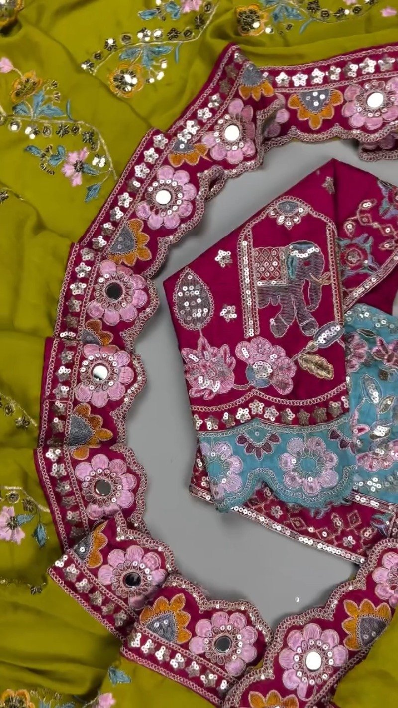 Olive & Fuchsia Embroidered Saree Ensemble – Available in Olive-Fuchsia & Blue-Fuchsia - Image 5