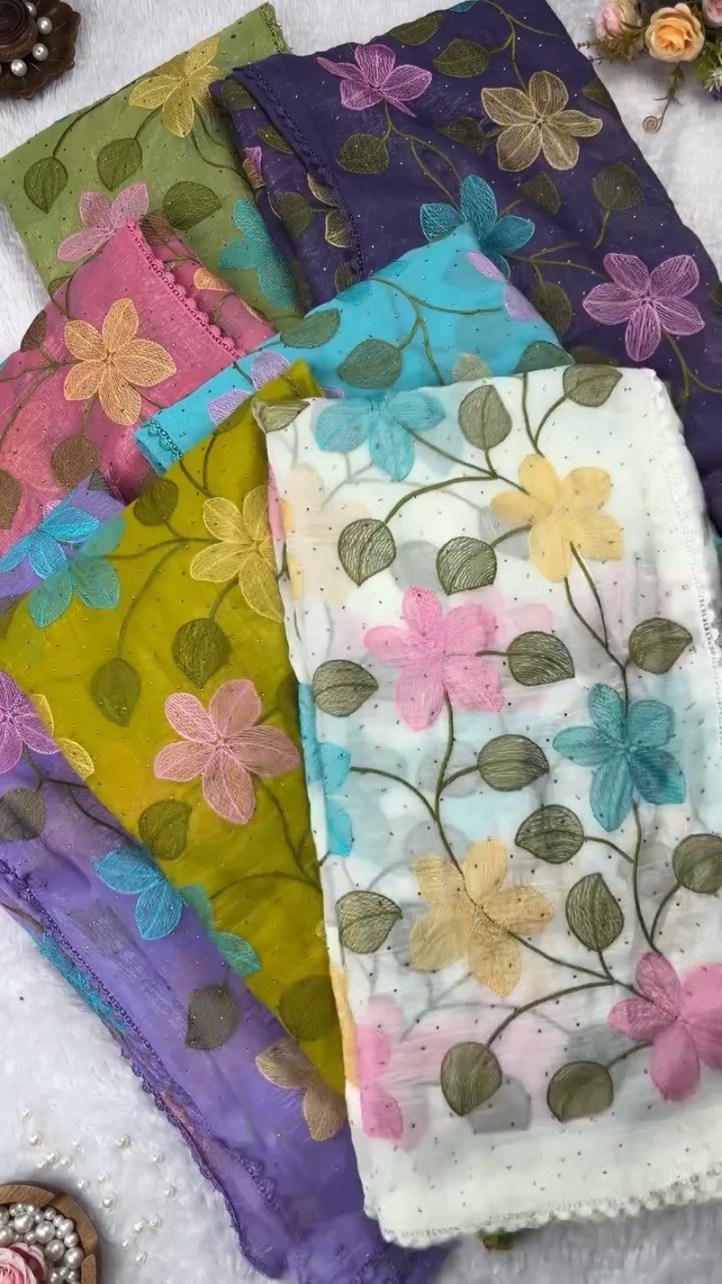 Floral Embroidered Organza Saree with Scalloped Border – Available in Lavender, Lime Green, Mustard, Teal, Pink & White