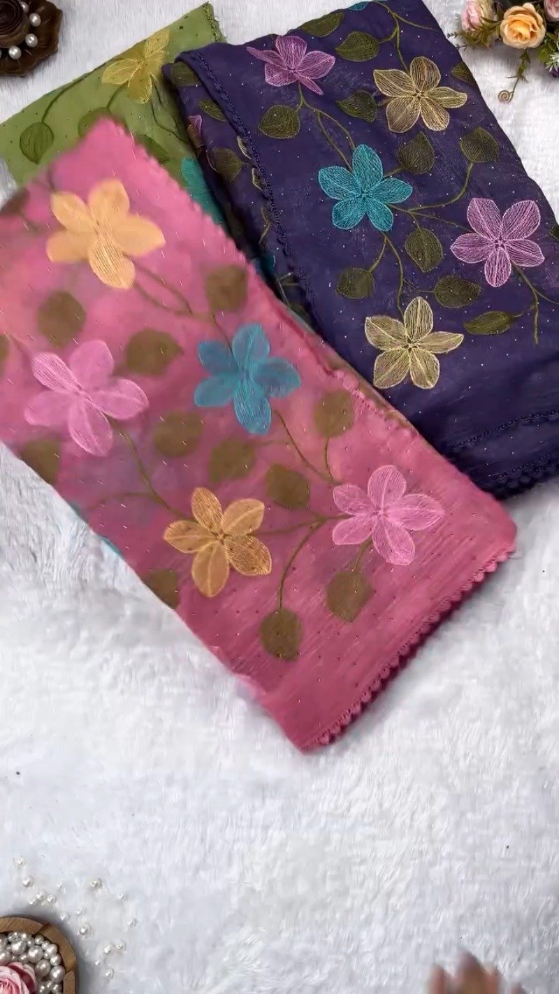 Floral Embroidered Organza Saree with Scalloped Border – Available in Lavender, Lime Green, Mustard, Teal, Pink & White - Image 2