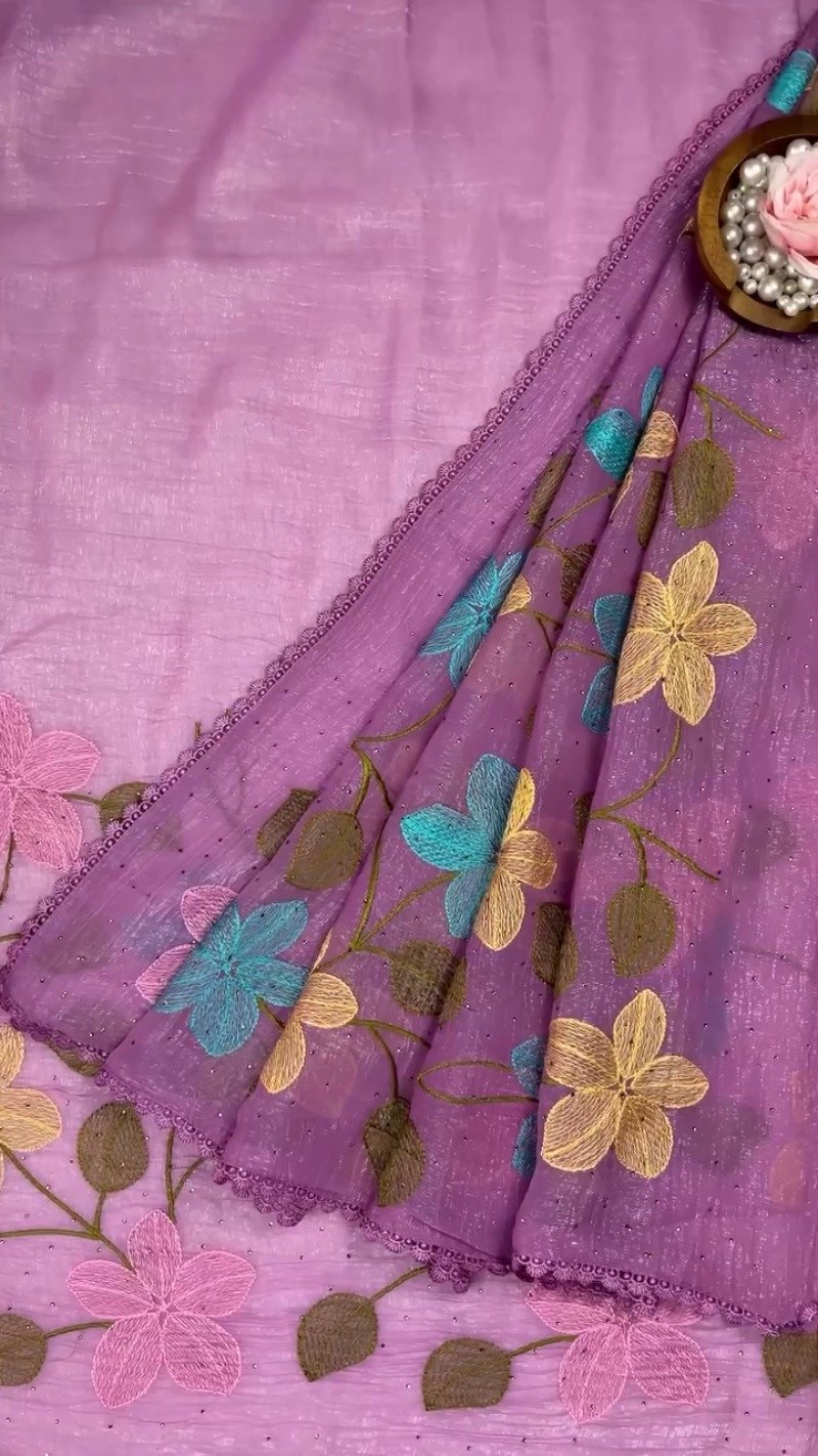 Floral Embroidered Organza Saree with Scalloped Border – Available in Lavender, Lime Green, Mustard, Teal, Pink & White - Image 3