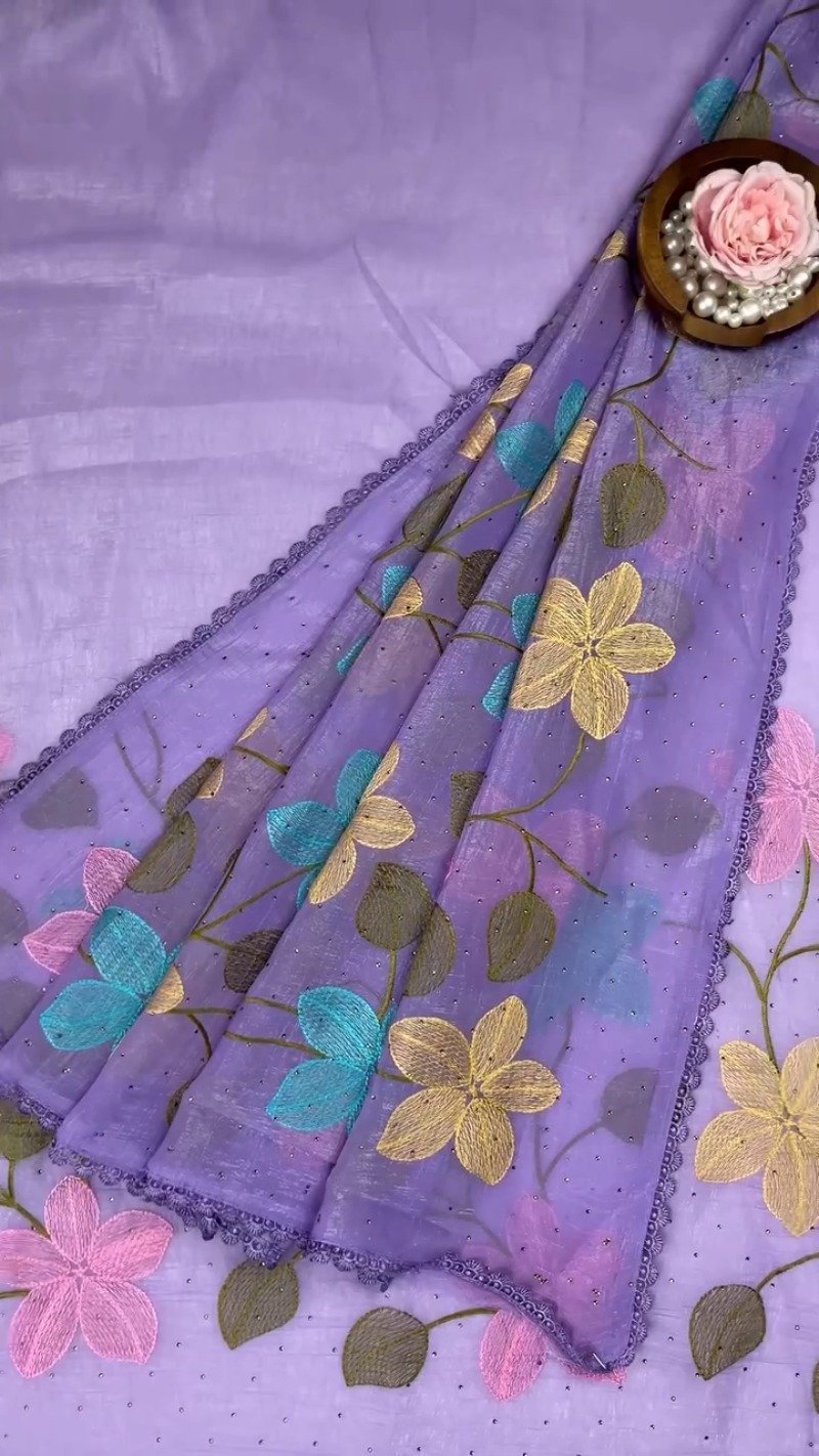 Floral Embroidered Organza Saree with Scalloped Border – Available in Lavender, Lime Green, Mustard, Teal, Pink & White - Image 4