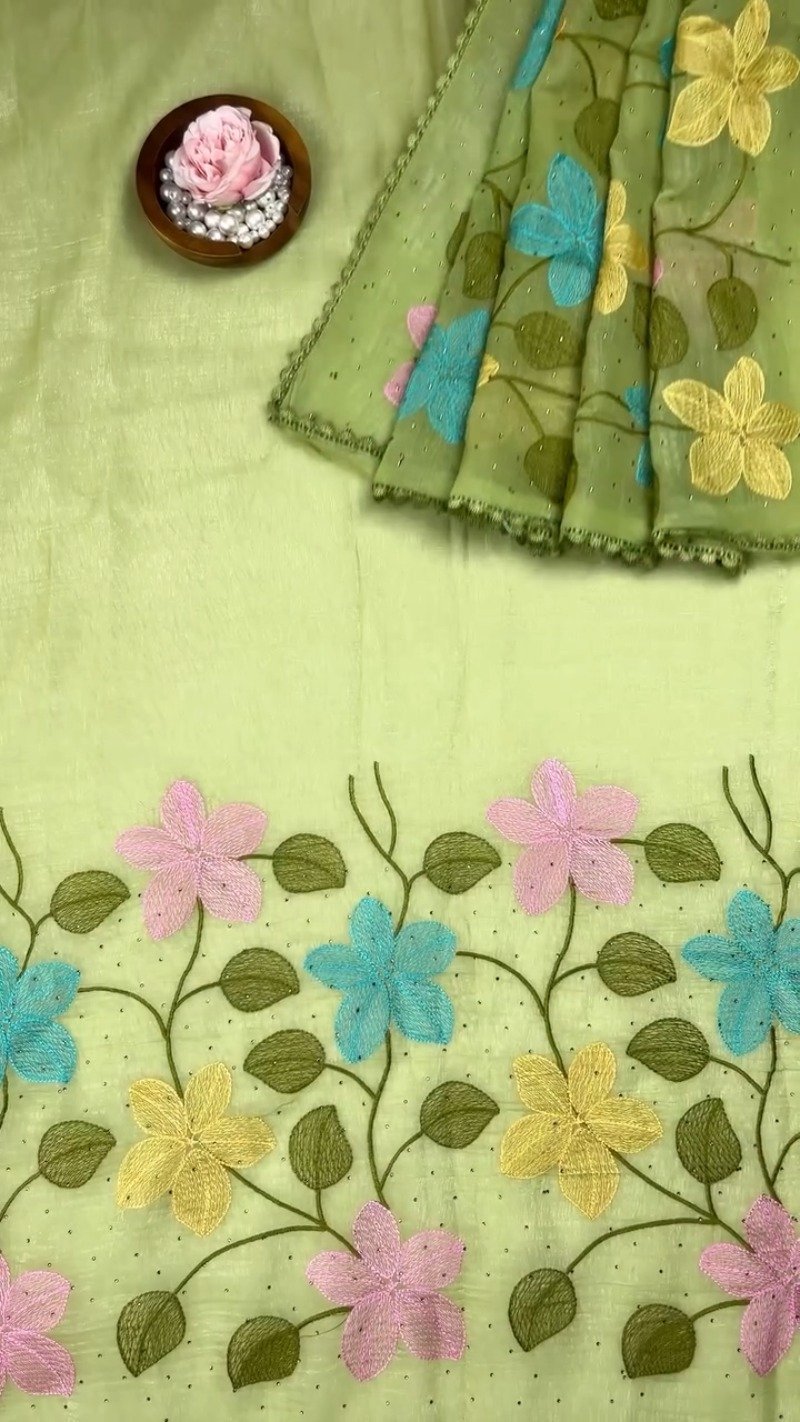 Floral Embroidered Organza Saree with Scalloped Border – Available in Lavender, Lime Green, Mustard, Teal, Pink & White - Image 5