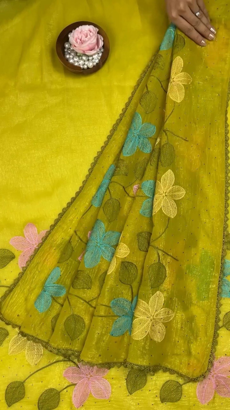 Floral Embroidered Organza Saree with Scalloped Border – Available in Lavender, Lime Green, Mustard, Teal, Pink & White - Image 6
