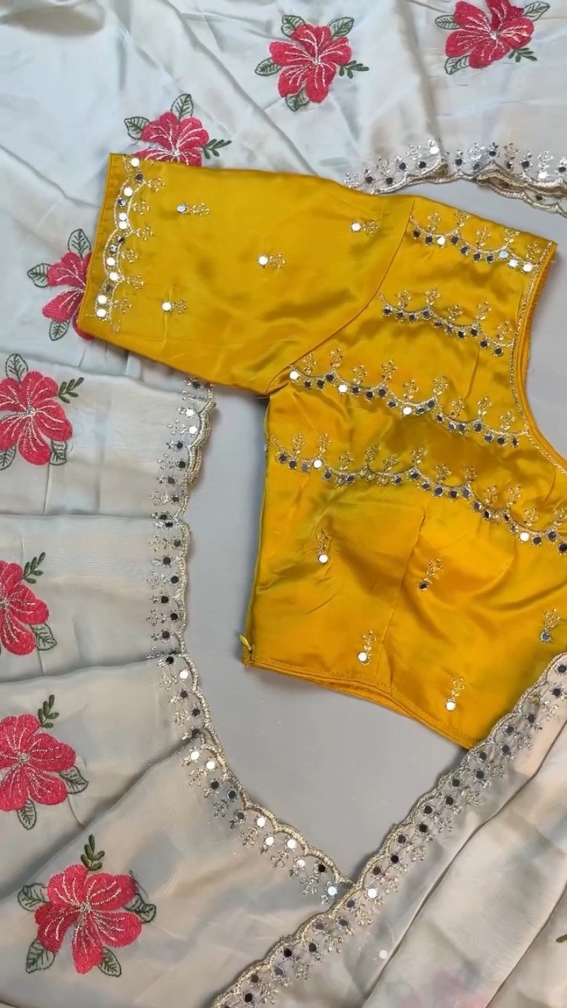 Sunshine Yellow Blouse with Floral Embroidered Saree – Available in Yellow & Floral Multi