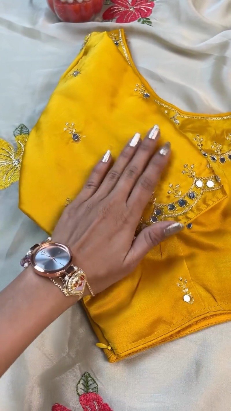 Sunshine Yellow Blouse with Floral Embroidered Saree – Available in Yellow & Floral Multi - Image 4