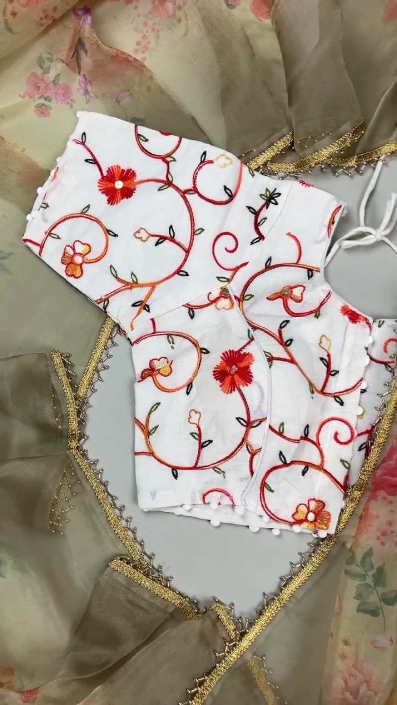 Floral Embroidered White Organza Blouse and Saree Set – Elegance Redefined - Image 5