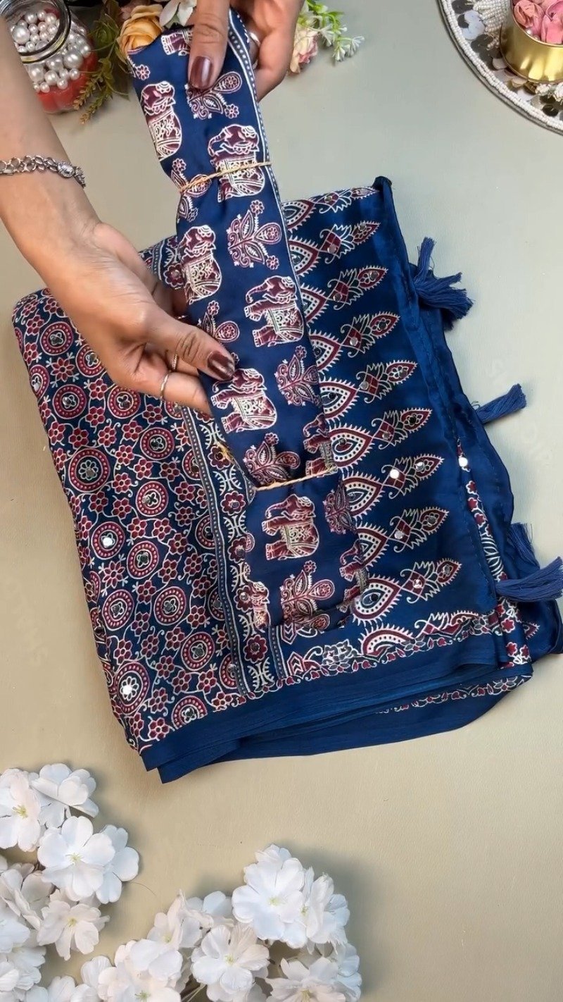 Royal Blue Elephant Motifs Ethnic Saree with Mirror Work Detailing