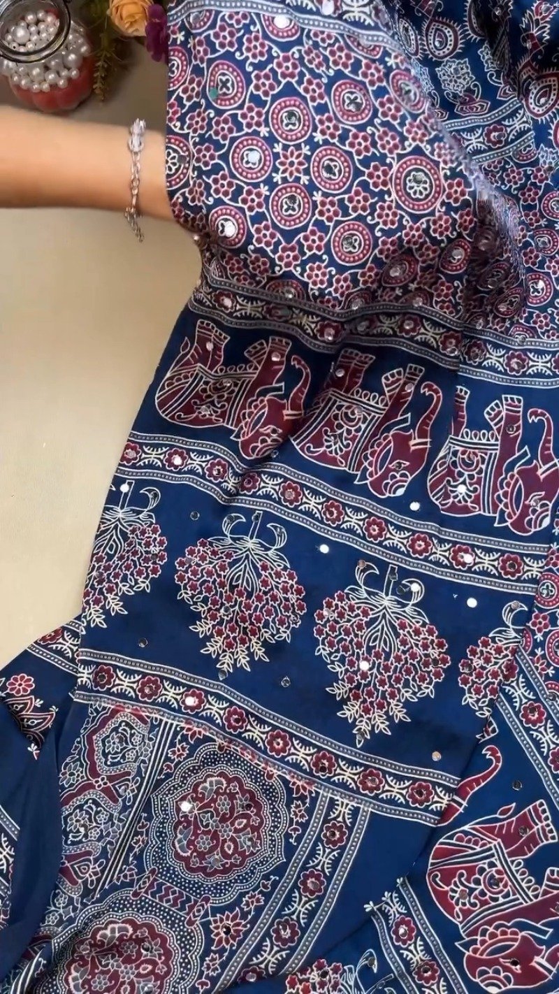 Royal Blue Elephant Motifs Ethnic Saree with Mirror Work Detailing - Image 2