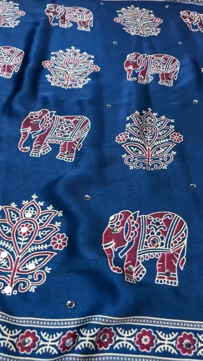 Royal Blue Elephant Motifs Ethnic Saree with Mirror Work Detailing - Image 3
