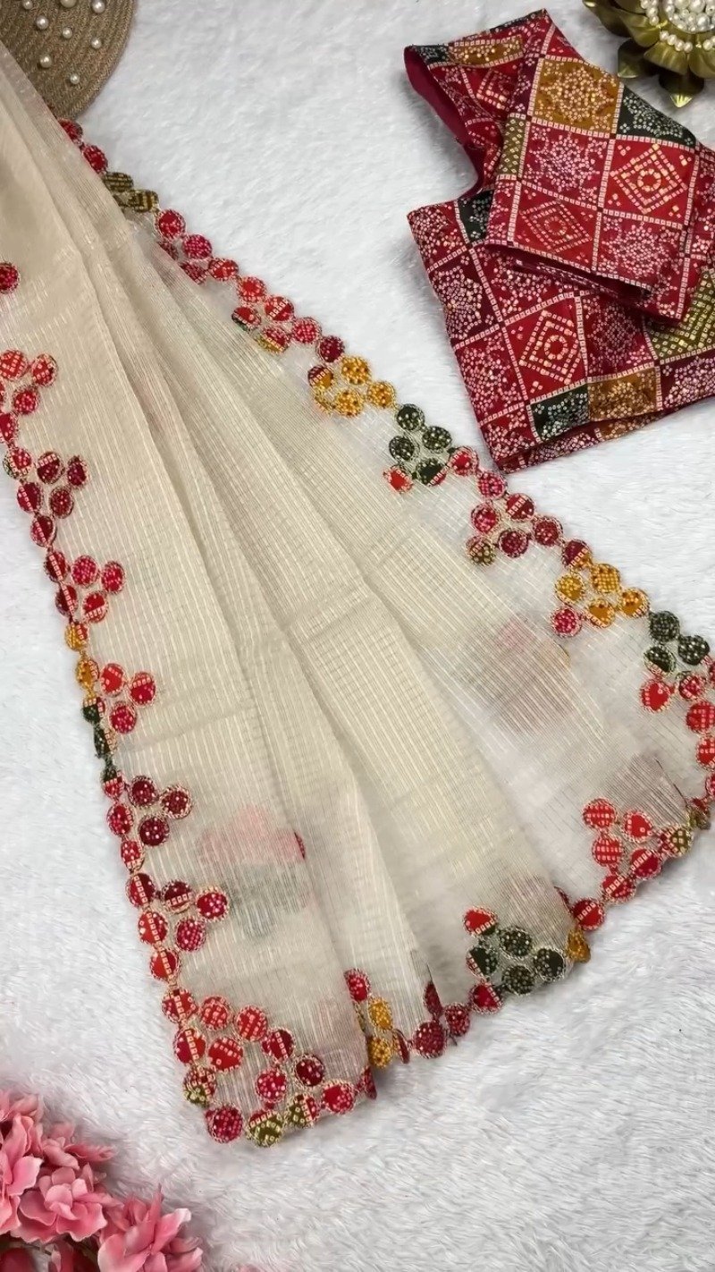 Bandhani Art Border Organza Saree Set – Available in Cream, Yellow & Red