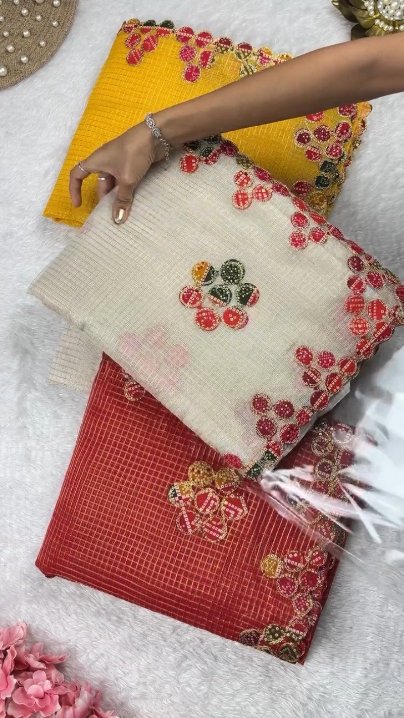 Bandhani Art Border Organza Saree Set – Available in Cream, Yellow & Red - Image 2