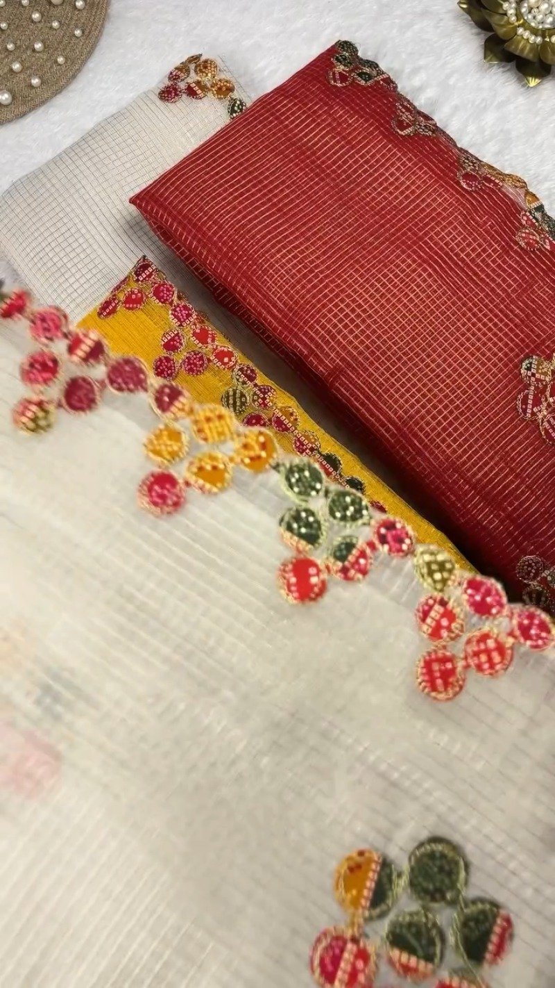 Bandhani Art Border Organza Saree Set – Available in Cream, Yellow & Red - Image 3