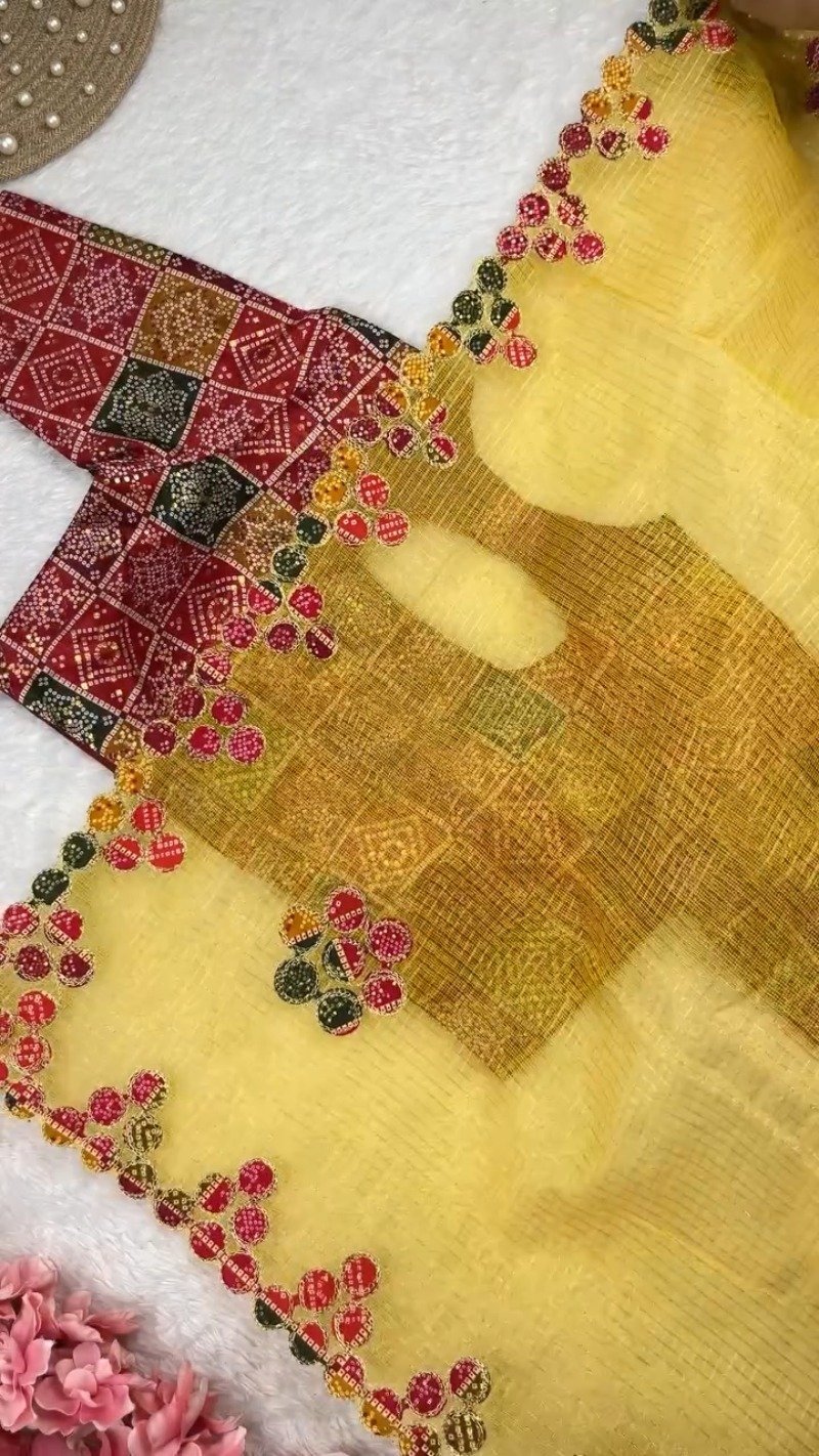Bandhani Art Border Organza Saree Set – Available in Cream, Yellow & Red - Image 4