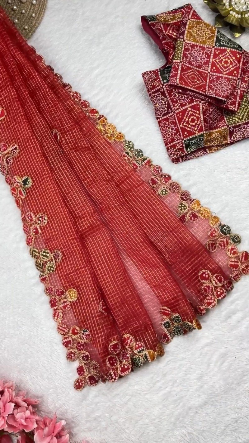 Bandhani Art Border Organza Saree Set – Available in Cream, Yellow & Red - Image 5