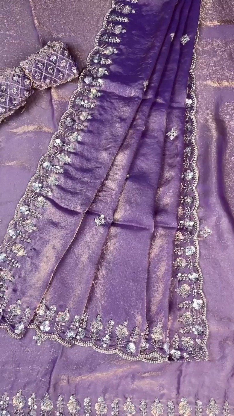 Enchanting Lavender Organza Saree with Intricate Sequin Embellishments