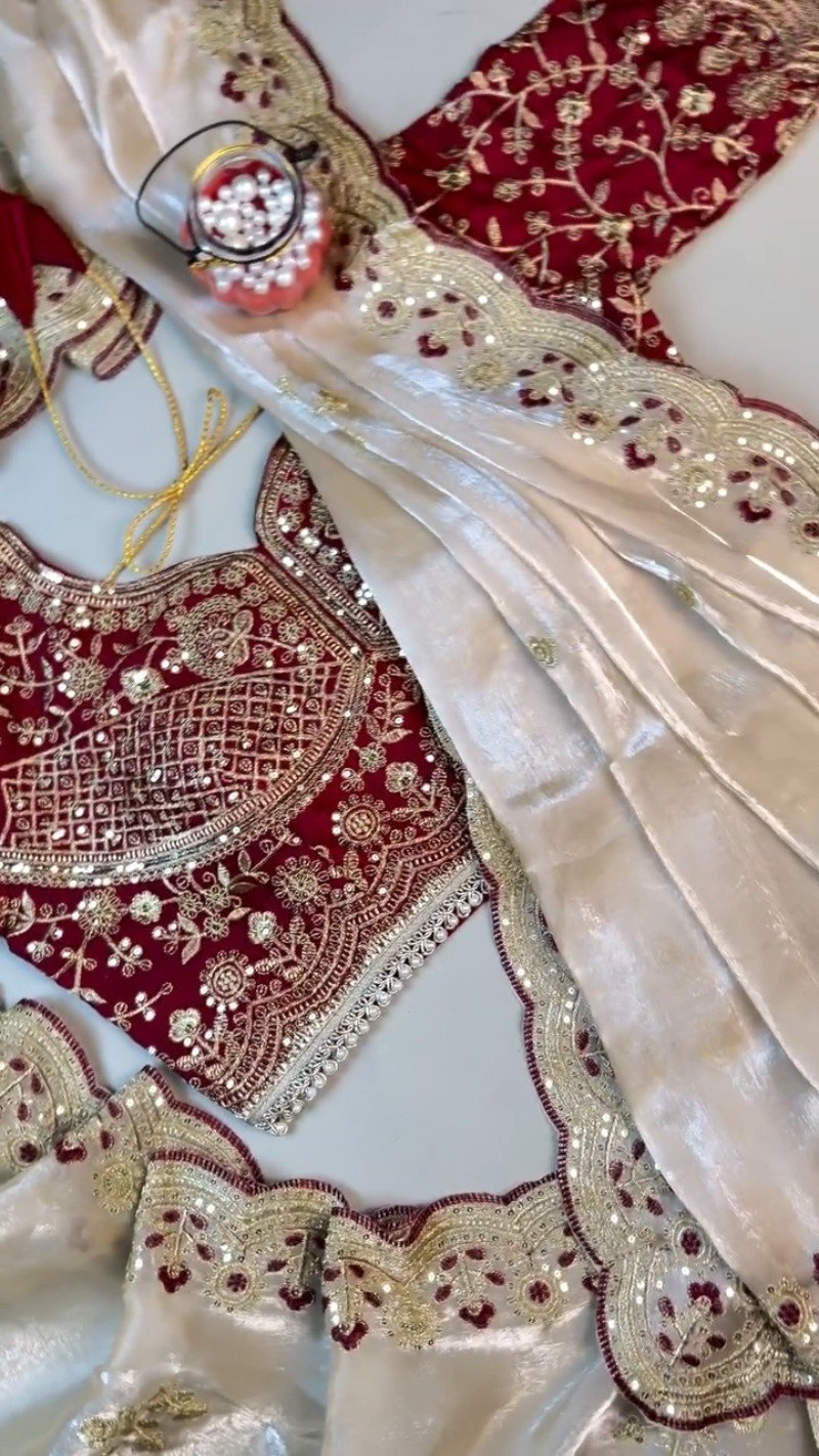 Regal Crimson & Cream Embroidered Lehenga Set – Featuring Intricate Zardosi Craftsmanship