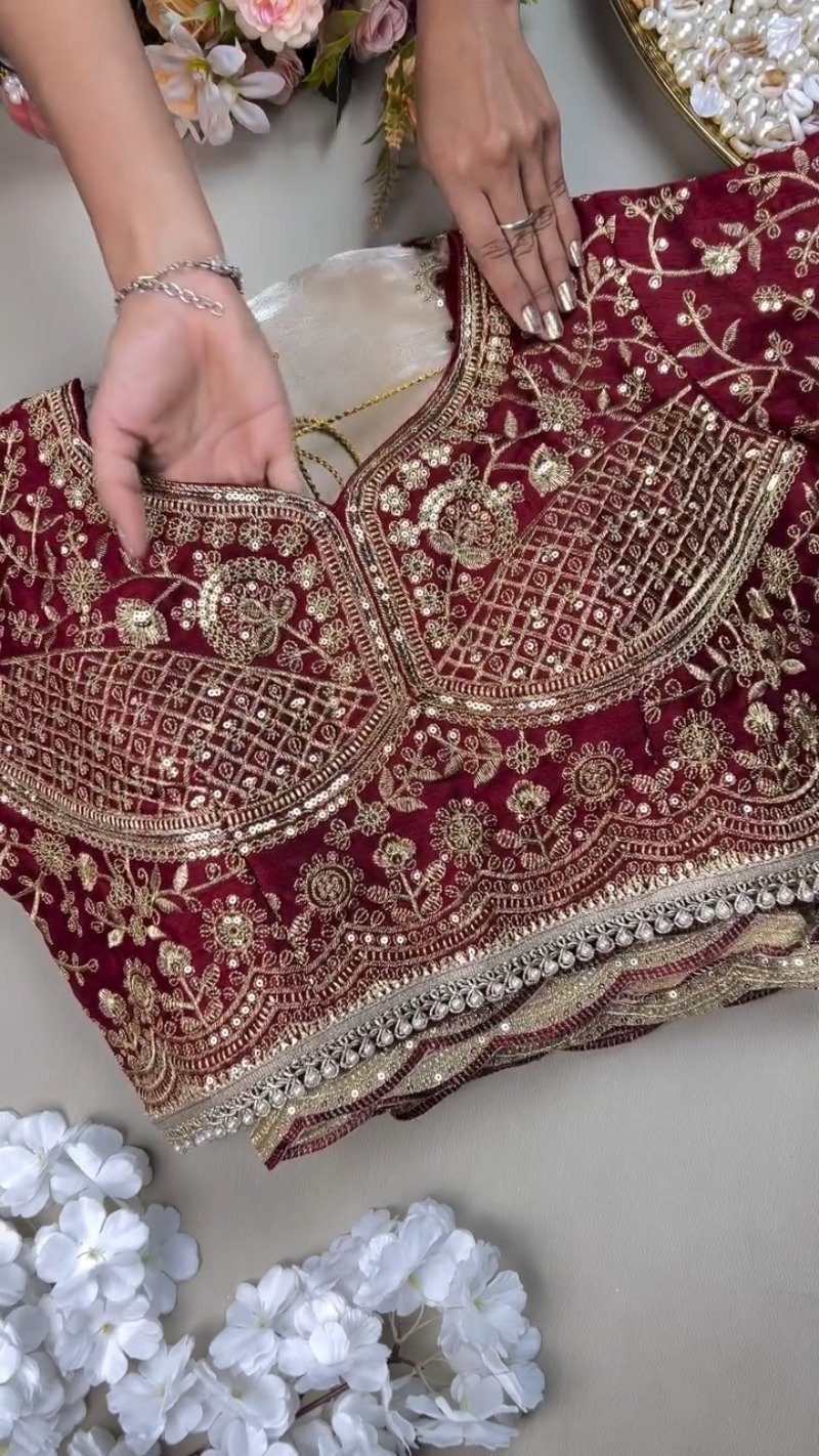 Regal Crimson & Cream Embroidered Lehenga Set – Featuring Intricate Zardosi Craftsmanship - Image 2