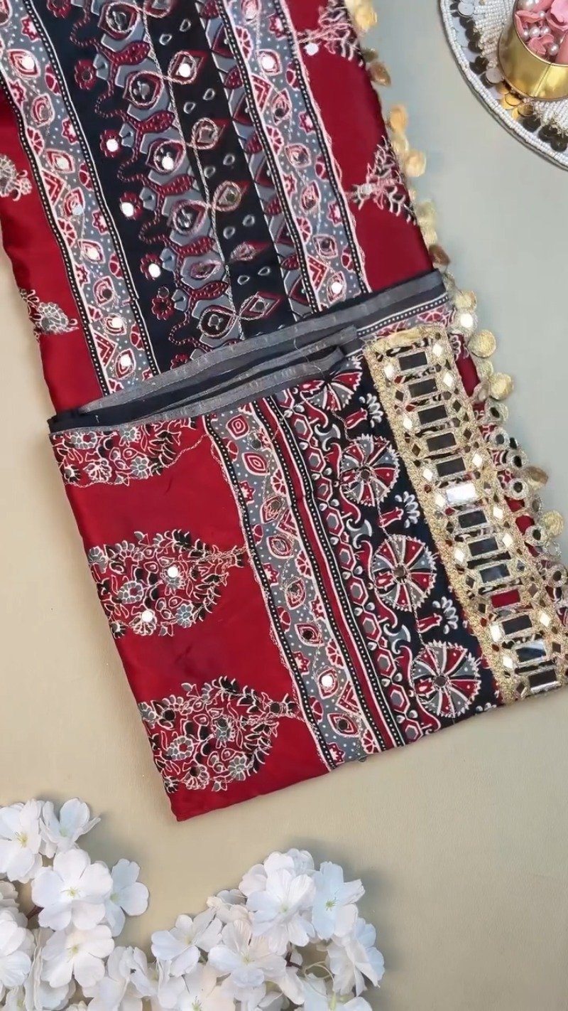 Regal Mirror-Work Ethnic Ensemble in Crimson & Ebony – Available in Dual-Tone Prints