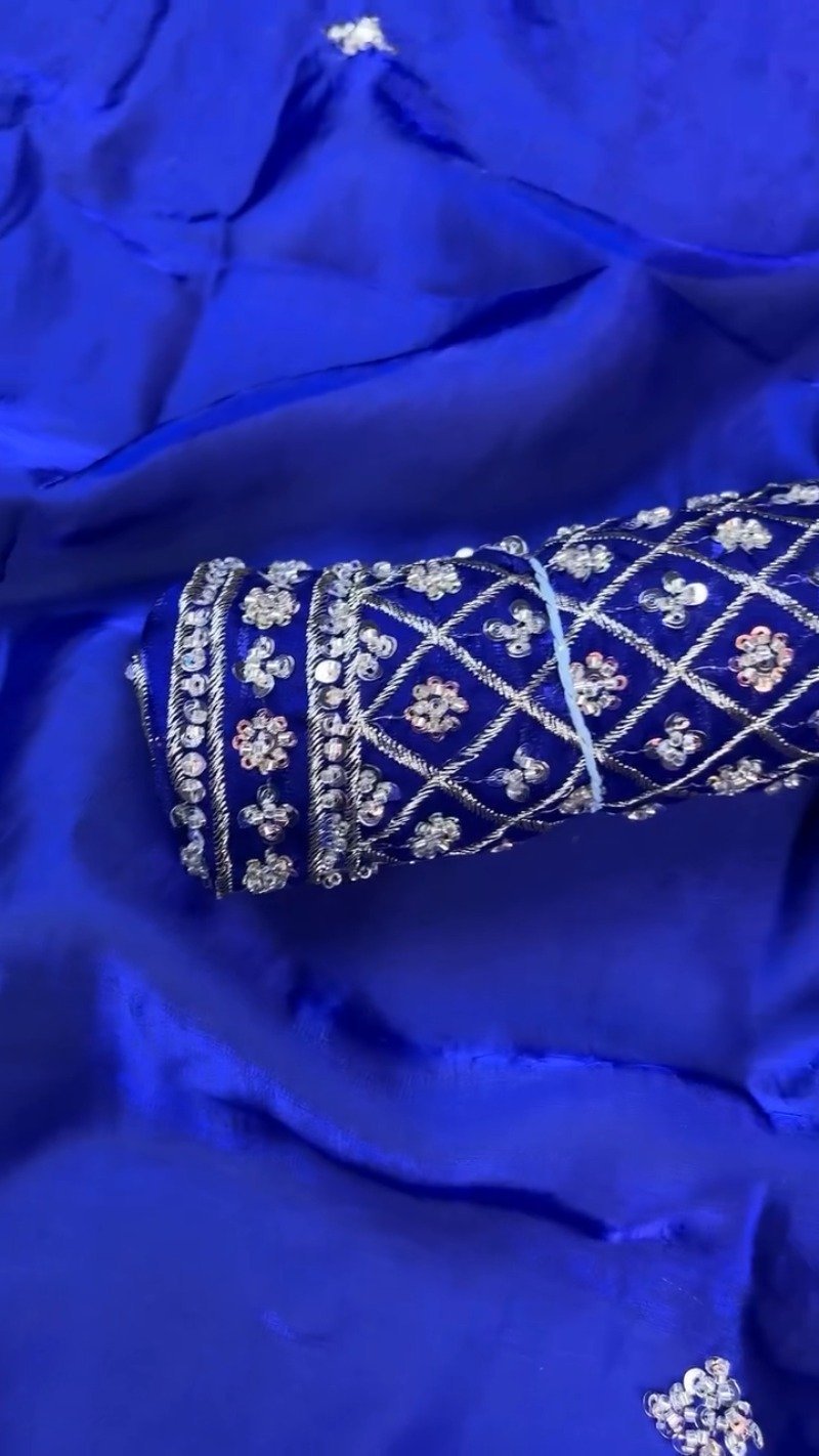Royal Cobalt Blue Sequined Chiffon Saree with Intricate Border Detail - Image 2