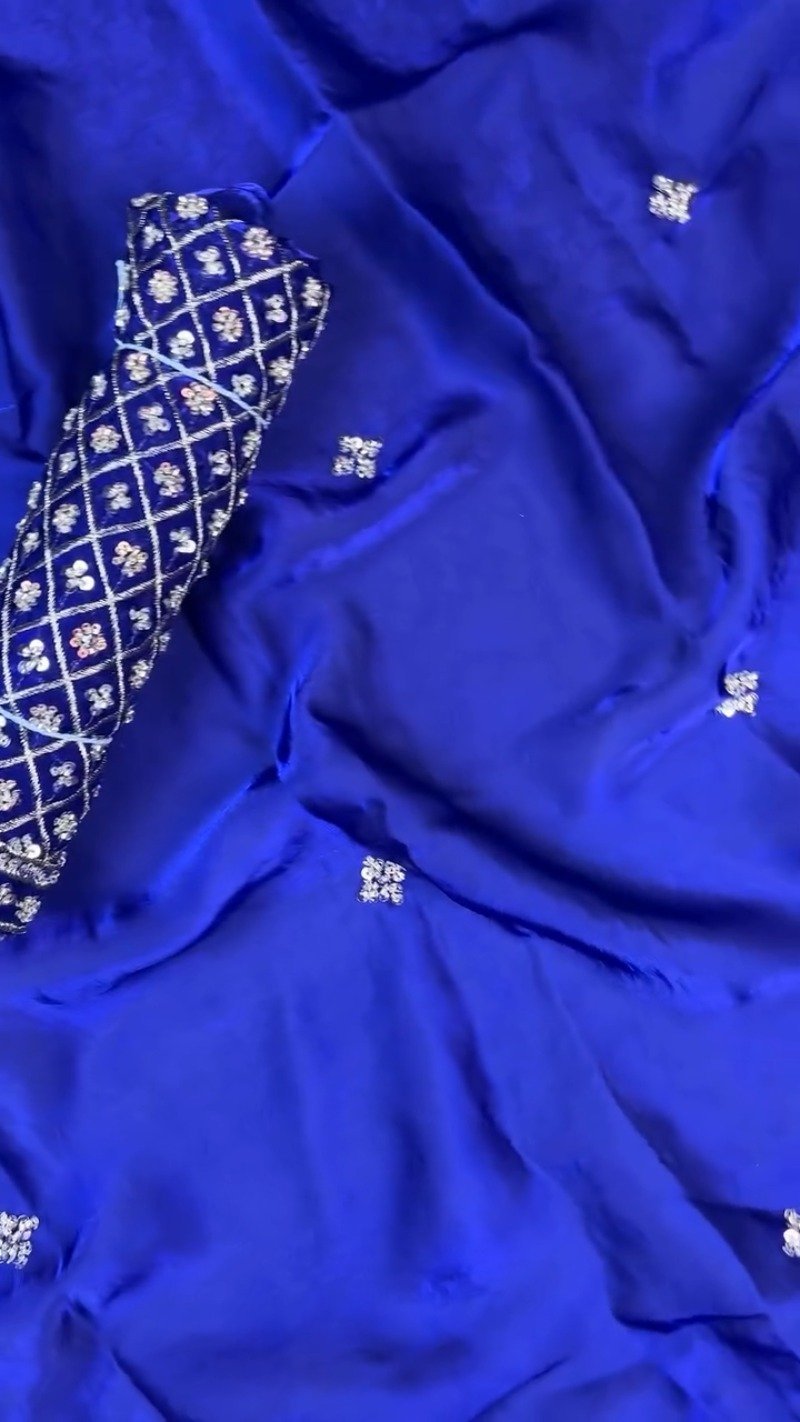 Royal Cobalt Blue Sequined Chiffon Saree with Intricate Border Detail - Image 3