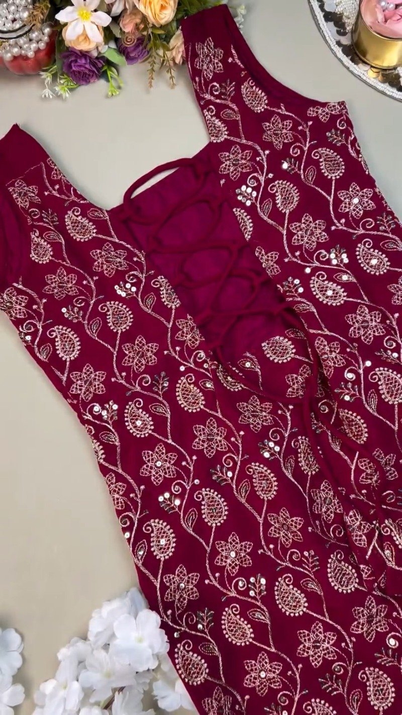 Deep Magenta Floral Thread-Work Kurta Set with Intricate Back Lace-Up Detailing - Image 3