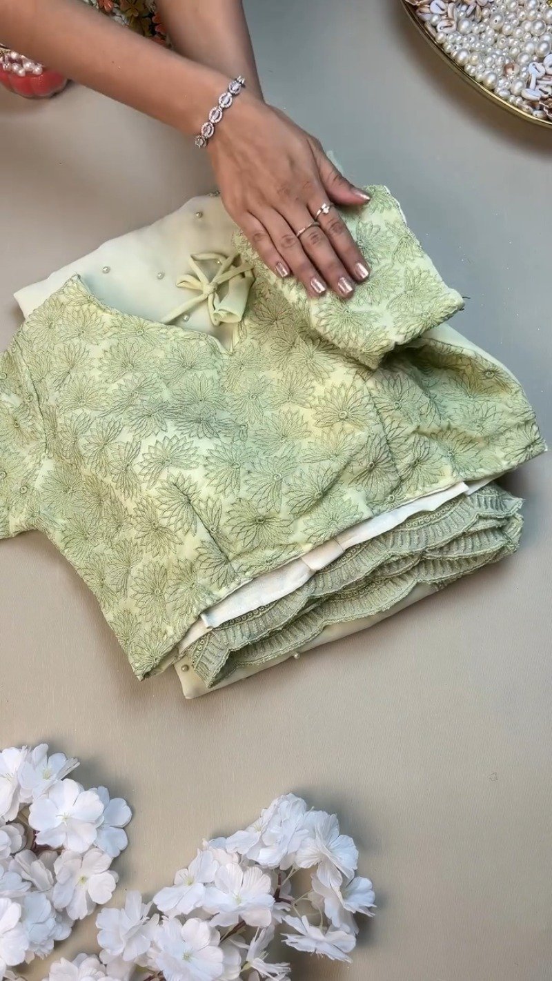 Sage Green Floral Embroidered Saree with Pearl Embellishments - Image 2