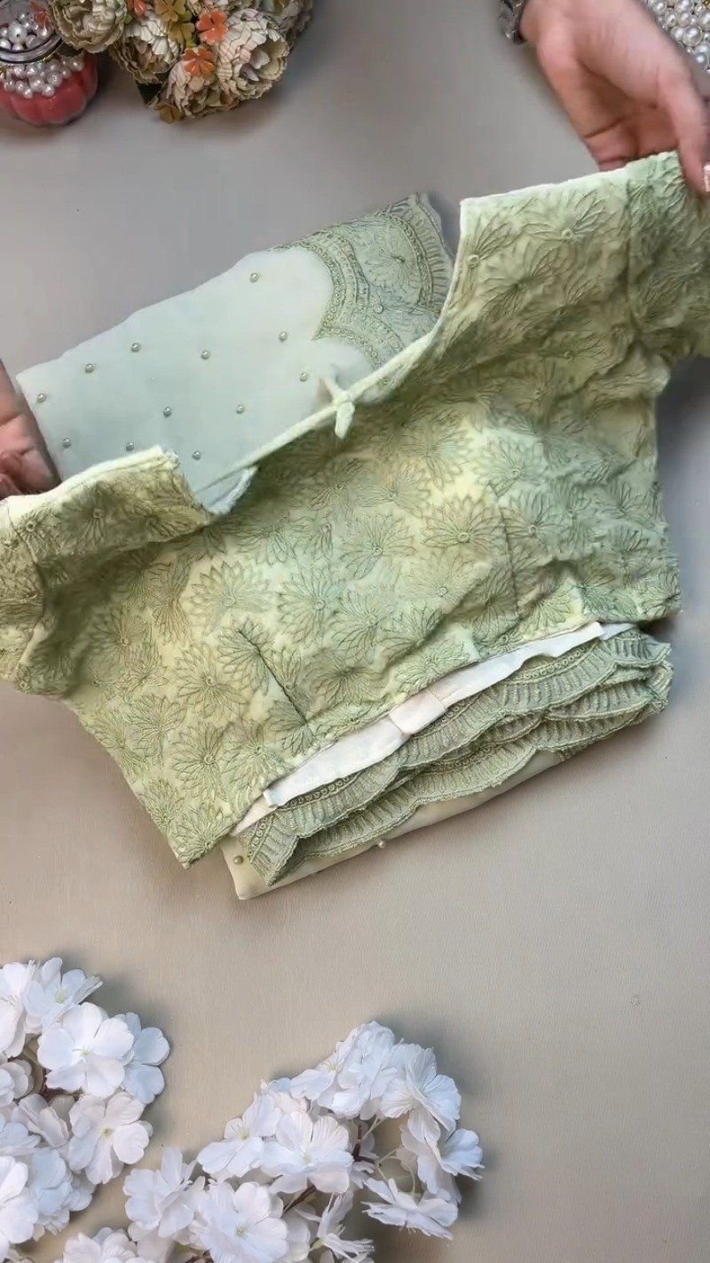 Sage Green Floral Embroidered Saree with Pearl Embellishments - Image 3