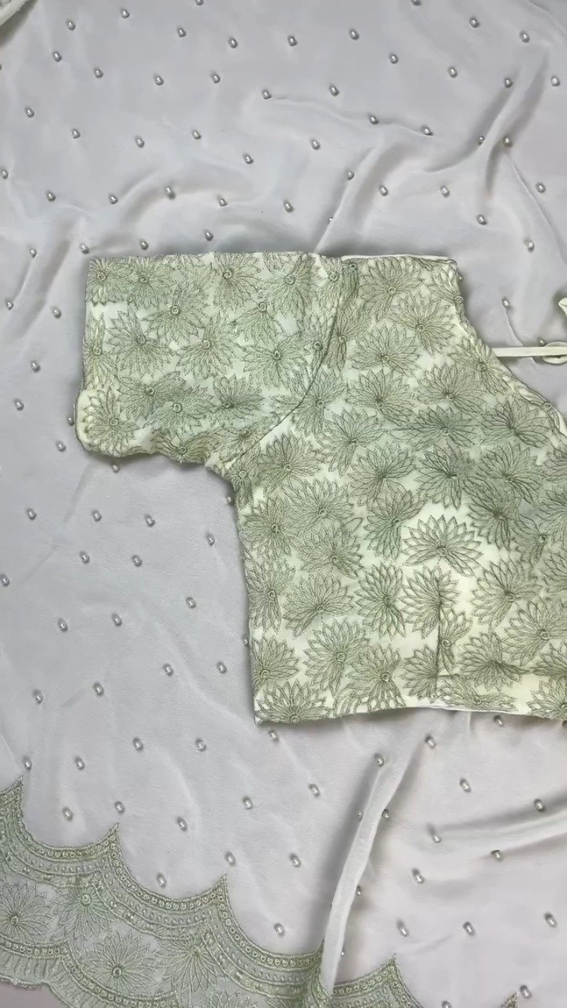 Sage Green Floral Embroidered Saree with Pearl Embellishments - Image 5