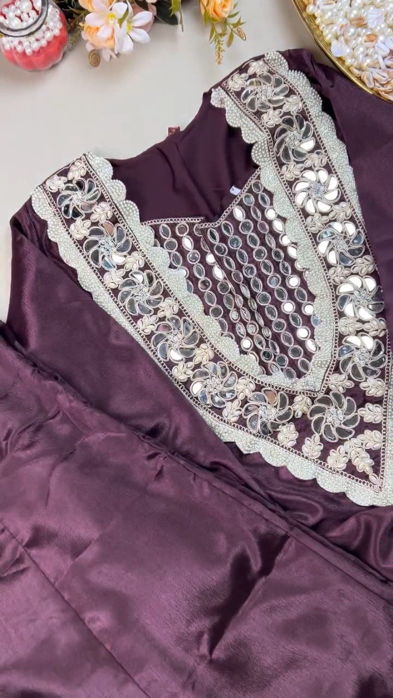 Royal Plum Mirrorwork & Pearl Embellished Kurta Set