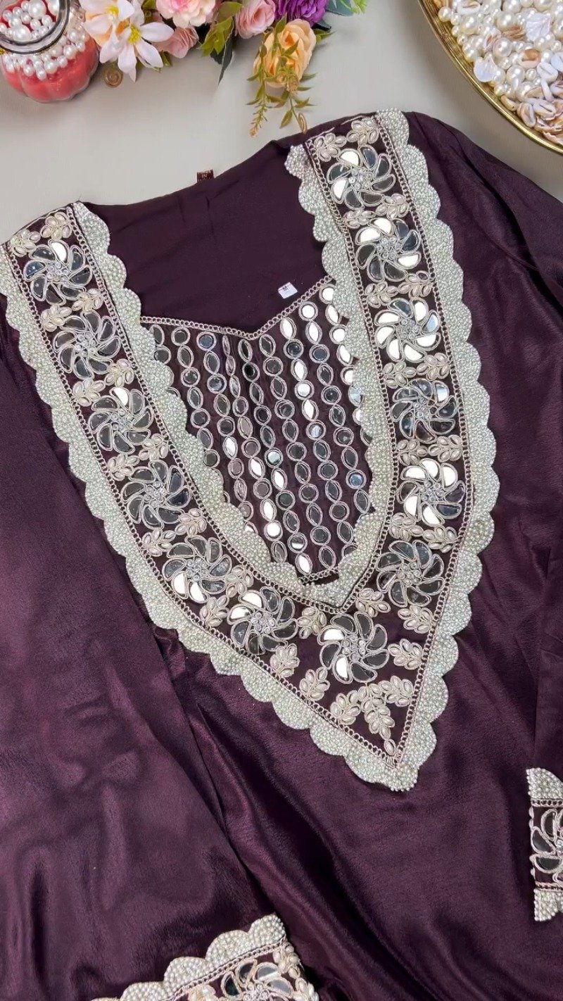 Royal Plum Mirrorwork & Pearl Embellished Kurta Set - Image 2