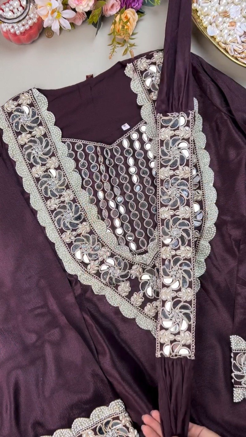 Royal Plum Mirrorwork & Pearl Embellished Kurta Set - Image 3