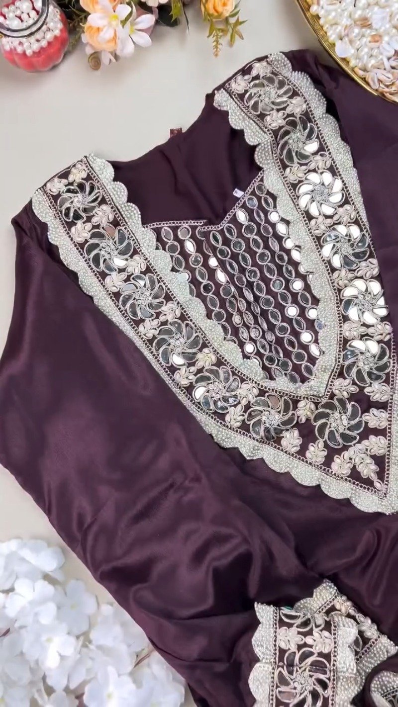 Royal Plum Mirrorwork & Pearl Embellished Kurta Set - Image 4