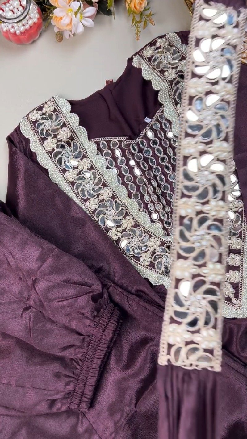 Royal Plum Mirrorwork & Pearl Embellished Kurta Set - Image 5