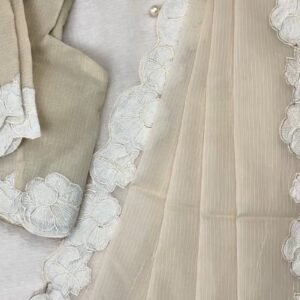 Ethereal Ivory Scalloped Kota Doria Ethnic Set with Floral Embroidery