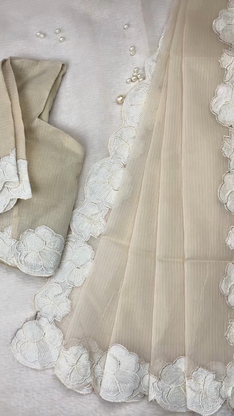 Ethereal Ivory Scalloped Kota Doria Ethnic Set with Floral Embroidery