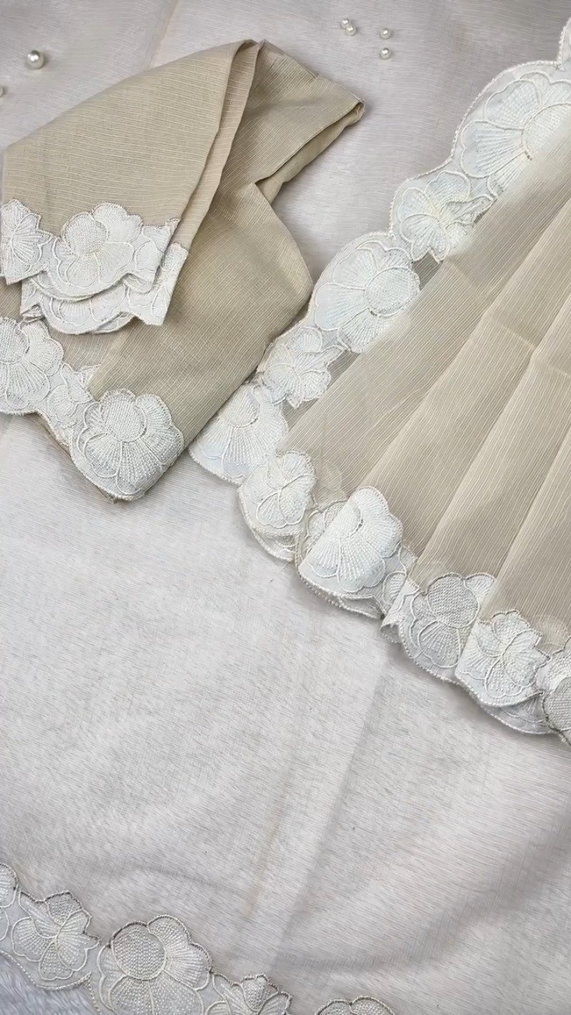 Ethereal Ivory Scalloped Kota Doria Ethnic Set with Floral Embroidery - Image 6
