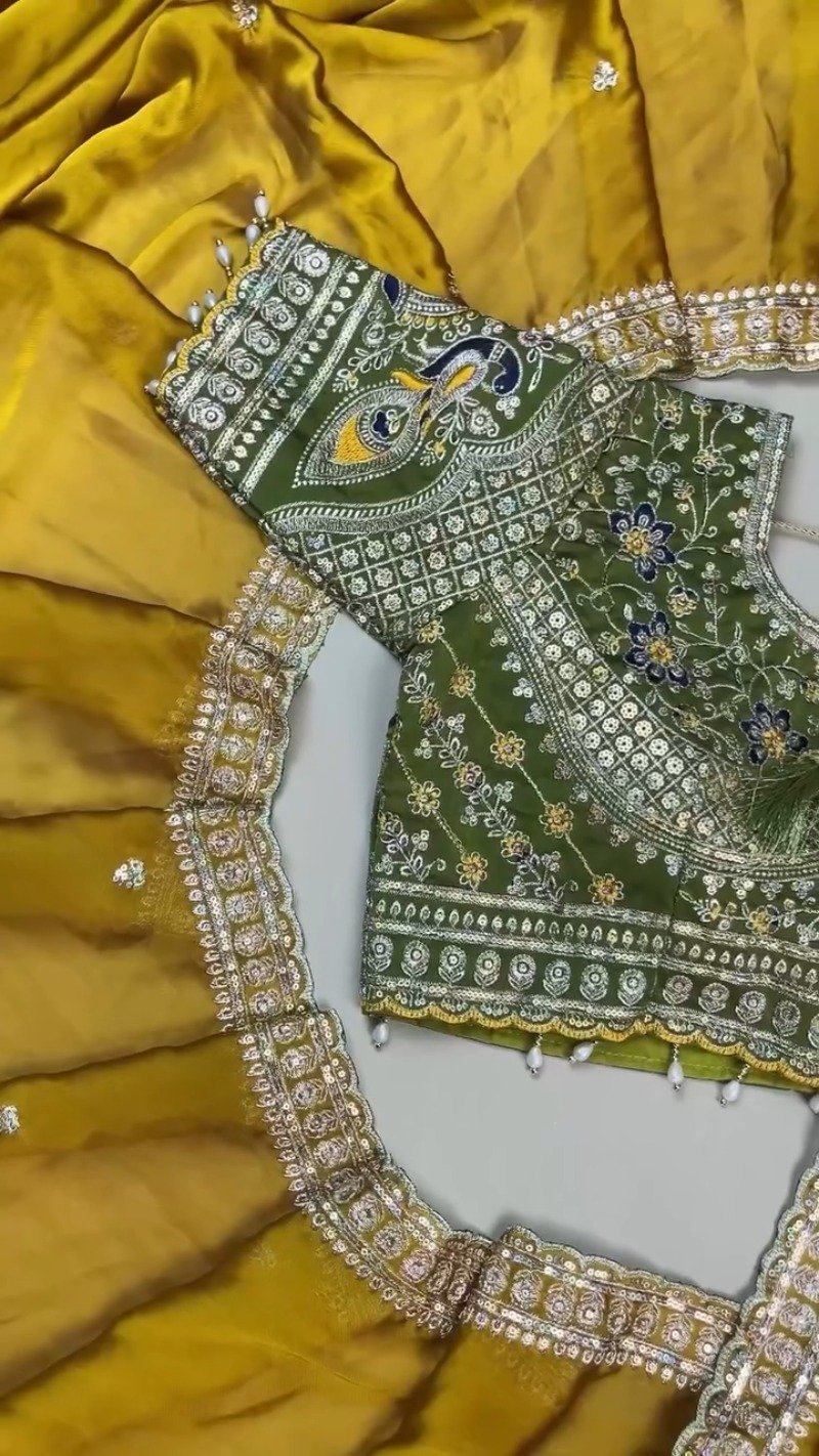 Olive Green Embroidered Silk Blouse with Mustard Yellow Saree – A Masterpiece of Traditional Elegance
