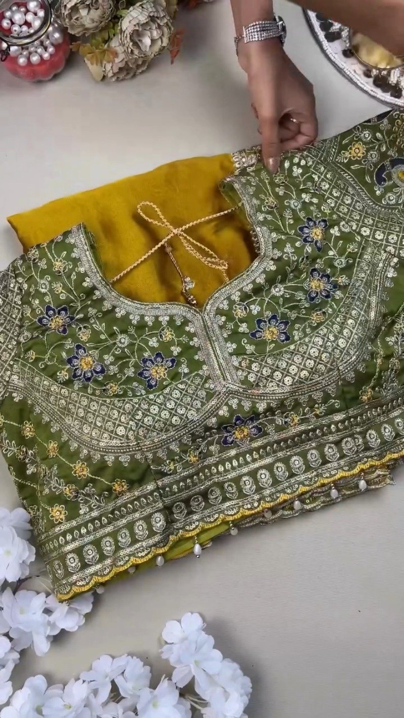 Olive Green Embroidered Silk Blouse with Mustard Yellow Saree – A Masterpiece of Traditional Elegance - Image 2