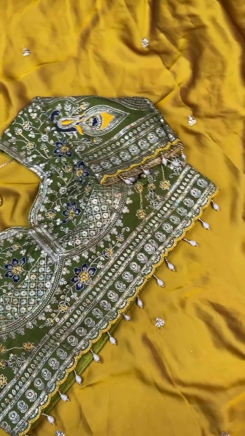 Olive Green Embroidered Silk Blouse with Mustard Yellow Saree – A Masterpiece of Traditional Elegance - Image 4