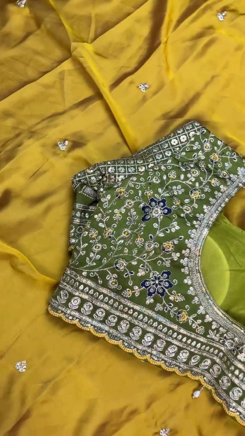 Olive Green Embroidered Silk Blouse with Mustard Yellow Saree – A Masterpiece of Traditional Elegance - Image 5
