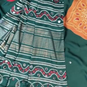 Enchanting Bottle Green Bandhani-Inspired Satin Saree with Mirror Work – Available in Deep Forest Green & Vibrant Tomato Red