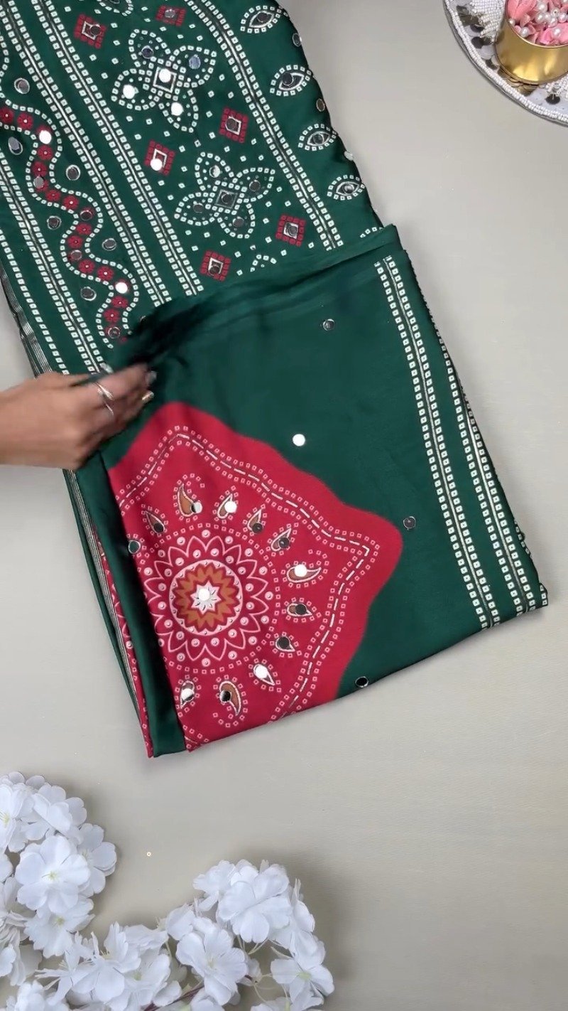Enchanting Bottle Green Bandhani-Inspired Satin Saree with Mirror Work – Available in Deep Forest Green & Vibrant Tomato Red - Image 2