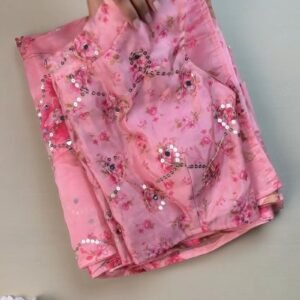 Rosy Muse Mirror-Work Floral Organza Saree Set
