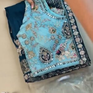 Royal Elephant Motif Embroidered Teal Blue Saree with Sky Blue Blouse – Single Colour Variant