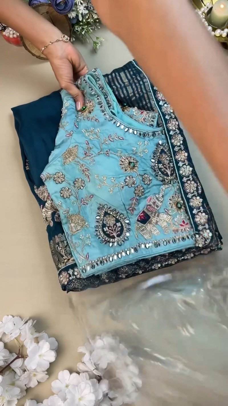 Royal Elephant Motif Embroidered Teal Blue Saree with Sky Blue Blouse – Single Colour Variant