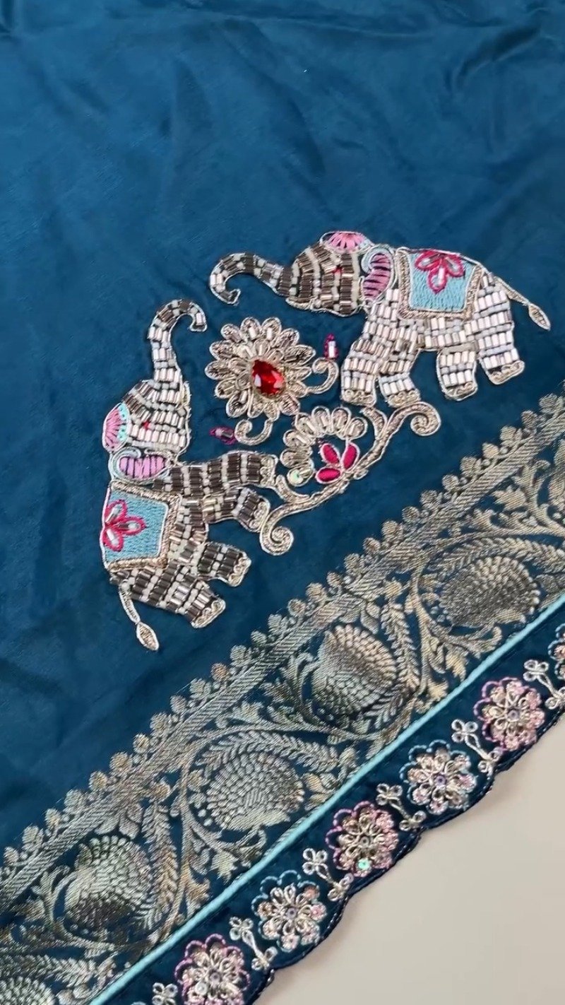 Royal Elephant Motif Embroidered Teal Blue Saree with Sky Blue Blouse – Single Colour Variant - Image 4